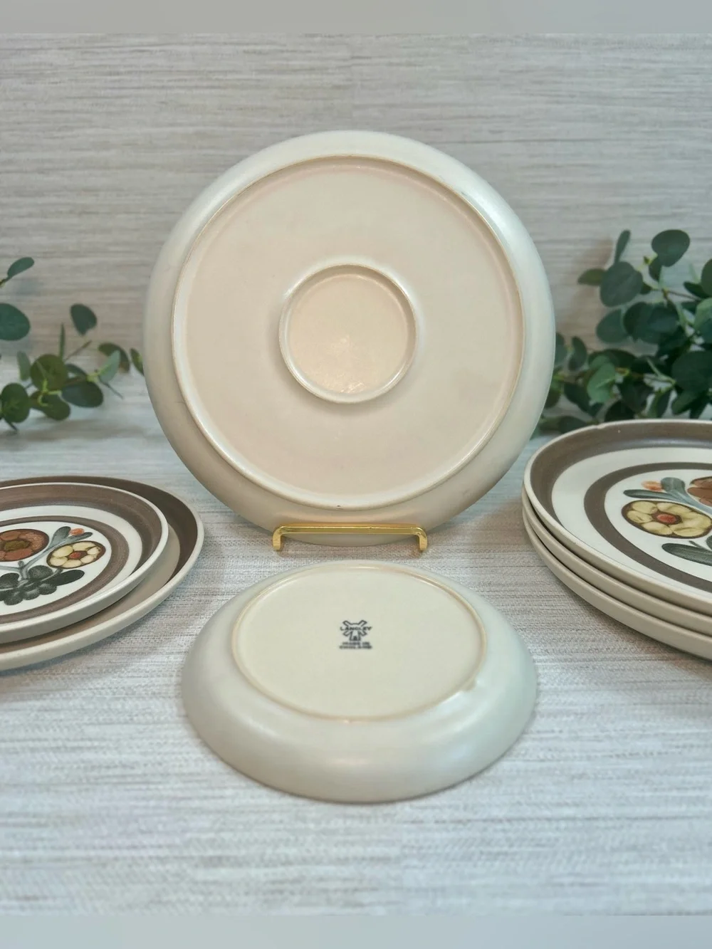 Vintage Langley England Stoneware Plates Set of 8 Retro Floral Brown Orange
